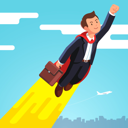 Superhero business man in cape flying in the skyのイラスト素材
