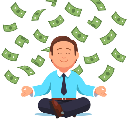 Money cash flying down on business man sittingのイラスト素材