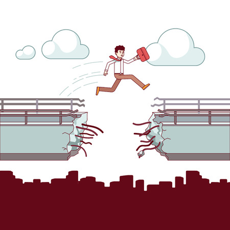 Business man with case jumping over broken bridgeのイラスト素材