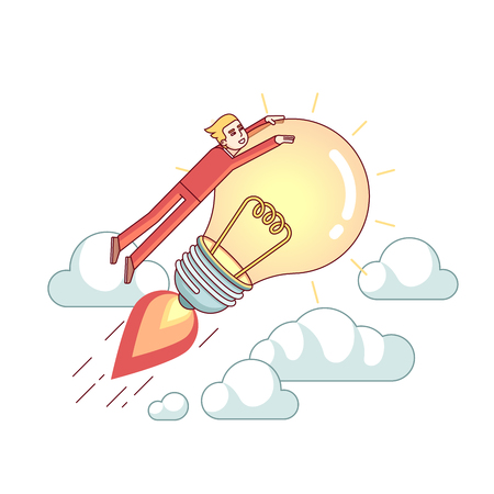 Business man riding bright big idea lampのイラスト素材