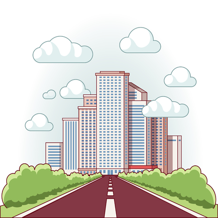 Asphalt road to a city downtown with skyscrapersのイラスト素材
