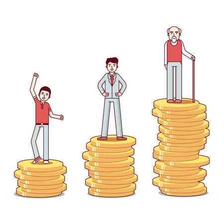Teenager, man, old man standing on stacks of coinsのイラスト素材
