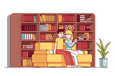 Couple man and woman sitting flirting on sofaのイラスト素材