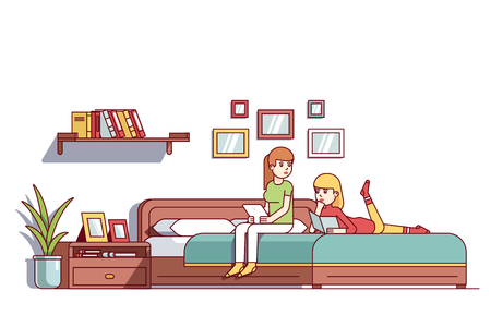 Two woman sitting on bedroom double bed talkingのイラスト素材