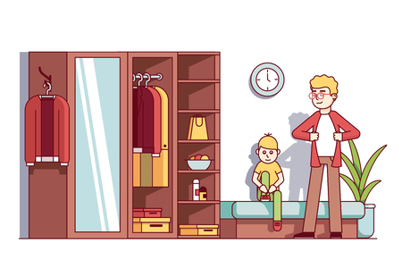 Dad and kid son dressing up in home wardrobe roomのイラスト素材