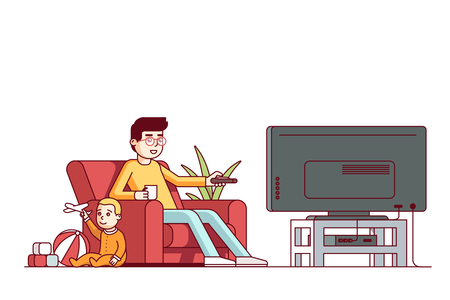 Father watching tv and looking after baby sonのイラスト素材