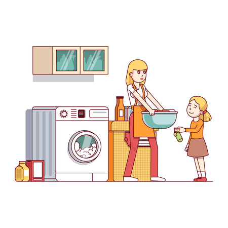 Mum and daughter doing housework in laundry roomのイラスト素材