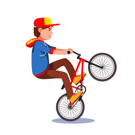 Teen kid doing wheelie stunt on a bmx bikeのイラスト素材