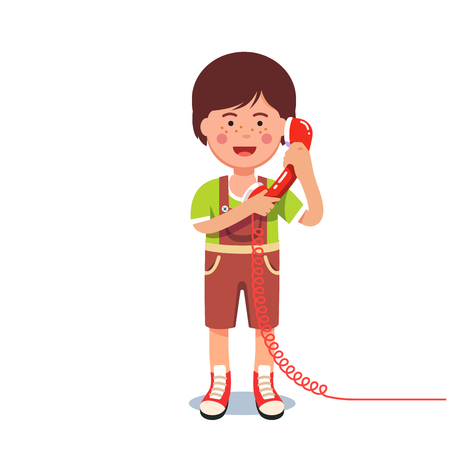 Kid boy talking on a retro wired telephone Vector illustration.のイラスト素材