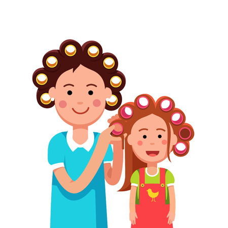 Mother and daughter girl doing curly hairstyle Vector illustration.のイラスト素材