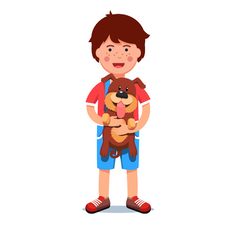 Kid boy holding puppy dog in his hands Vector illustration.のイラスト素材