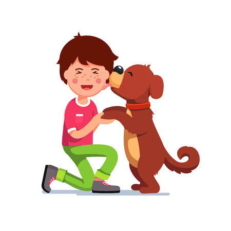 Puppy dog licking kids boy face Vector illustration.のイラスト素材