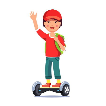 Boy riding a standing electric gyroboard scooter Vector illustration.のイラスト素材