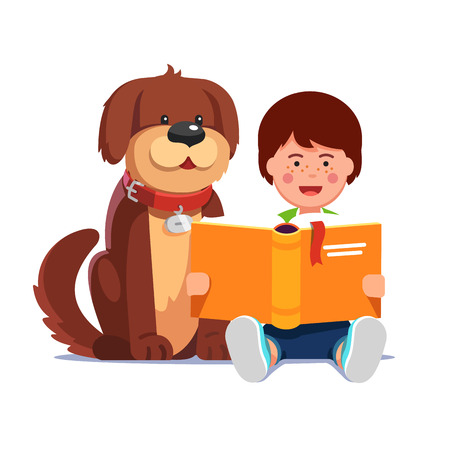 Kid boy reading book sitting next his dog friend Vector illustration.のイラスト素材