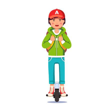 Boy riding self-balancing mono wheel scooter Vector illustration.のイラスト素材