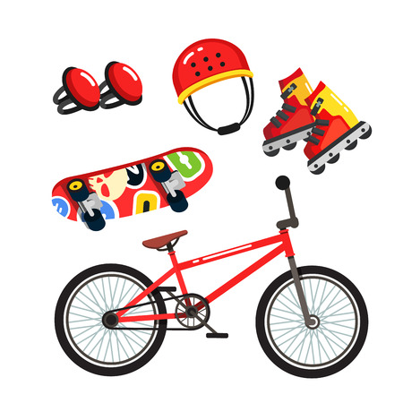 Street extreme sports gear set, bike, skates Vector illustration.のイラスト素材