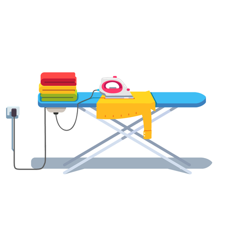 Ironing board with clothes stack and electric iron Vector illustration.のイラスト素材