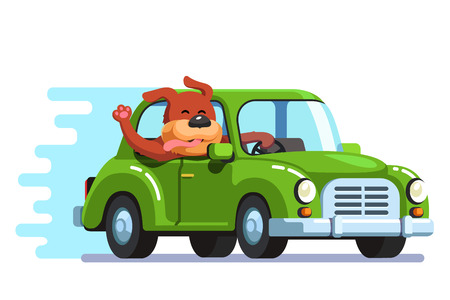 Happy dog riding retro passenger car having fun Vector illustration.のイラスト素材