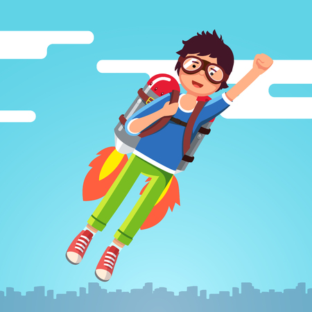 Boy flying in the sky clouds on a rocket jetpack Vector illustration.のイラスト素材