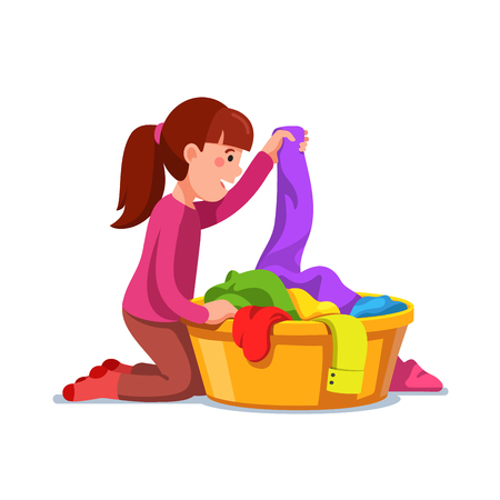Girl kid doing housework chores sorting laundry Vector illustration.のイラスト素材