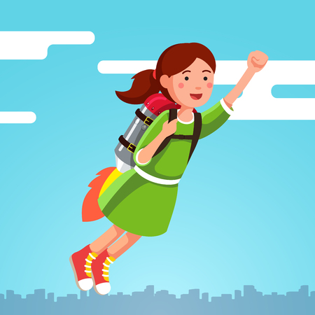 Girl flying in the sky clouds on a rocket jetpack Vector illustration.のイラスト素材