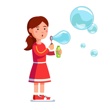 Girl kid blowing bubbles holding bottle with soap Vector illustration.のイラスト素材