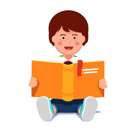 Kid boy reading a book sitting on the floor Vector illustration.のイラスト素材