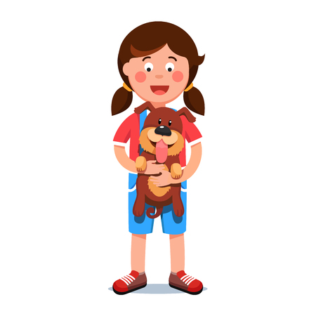 Kid girl holding puppy dog friend in her hands Vector illustration.のイラスト素材