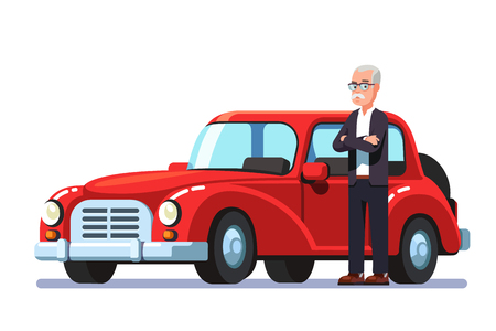 Old rich man standing next to expensive retro car Vector illustration.のイラスト素材