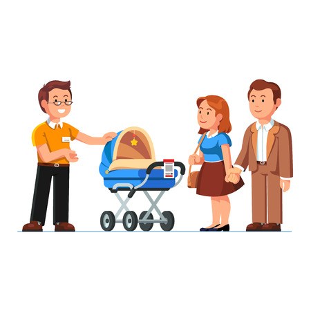Seller or shop assistant showing newborn baby stroller to customers man, woman. Family couple parents buying new kid pram in children store. Retail business. Flat style vector isolated illustration.のイラスト素材
