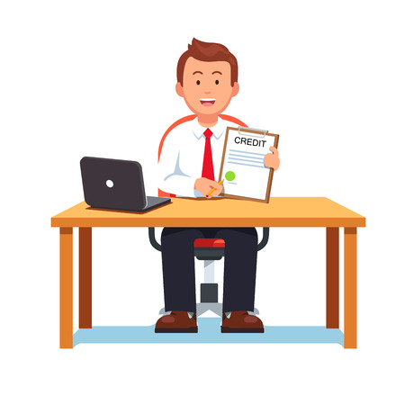 Smiling banking clerk showing bank credit, loan contract or mortgage agreement sitting at desk with laptop. Business man lender. Flat style vector illustration isolated on white background.のイラスト素材