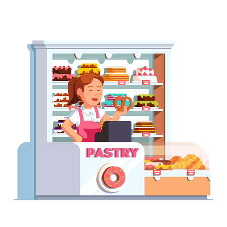 Local business owner working as cashier at pastry store showing pretzel in hand at bakery checkout counter. Showcase full of cakes, baked products. Retail business. Flat vector isolated illustration.のイラスト素材