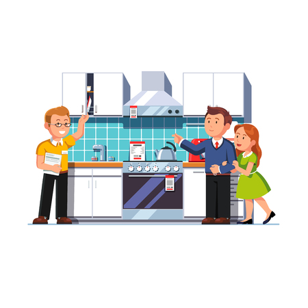 Shop assistant salesman showing home kitchen furniture, appliances set to customers man and woman. Family couple buyers in domestic equipment store. Retail business. Flat vector isolated illustration.のイラスト素材
