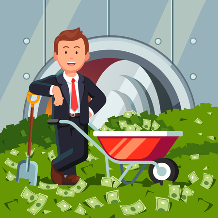 Billionaire businessman inside full bank vault standing on a huge cash pile. Shovel filled dollars wheelbarrow. Very rich man shoveling up money. Business success. Flat style vector illustration.のイラスト素材