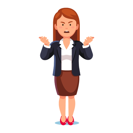 Confused, frowned business woman or boss standing shrugging shoulders complaining expressing anger and frustration yelling gesturing with her hands. Flat style vector illustration on white background.のイラスト素材