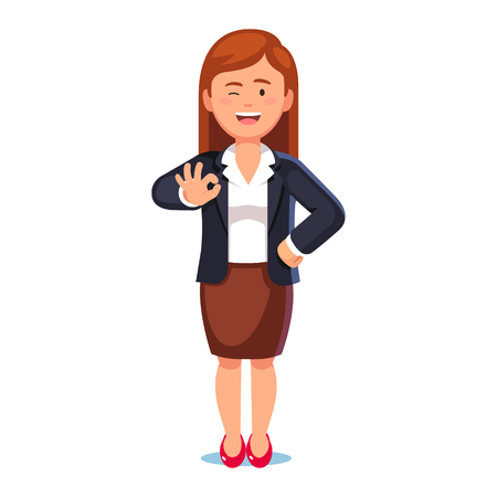 Happy smiling business woman standing showing okay sign or gesture with hand and winking. Everything is ok concept. Flat style vector illustration on white background.のイラスト素材