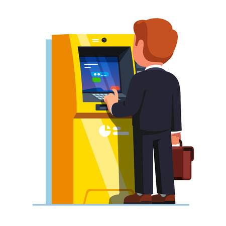 Business man entering PIN code after inserting credit card to make transaction with teller cash machine. Street ATM money deposit and withdrawal. Flat style vector illustration on white background.のイラスト素材