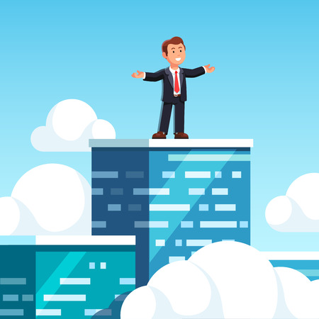 Businessman leader standing on top of the skyscraper doing rule the world gesture with wide open arms over a cityscape. Man on corporation building rooftop.のイラスト素材