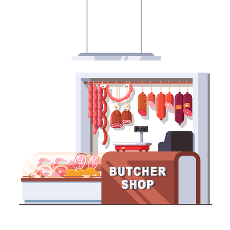Supermarket butcher shop checkout counter and scales. Showcase full of local fresh meat products and sausages. Retail business concept. Flat style vector illustration isolated on white background.のイラスト素材
