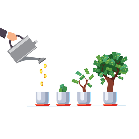 Hand with watering can pouring golden coins moneyのイラスト素材