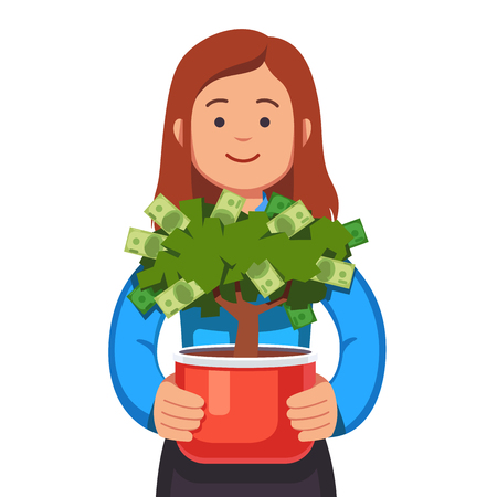 Business woman holding flower pot with money treeのイラスト素材
