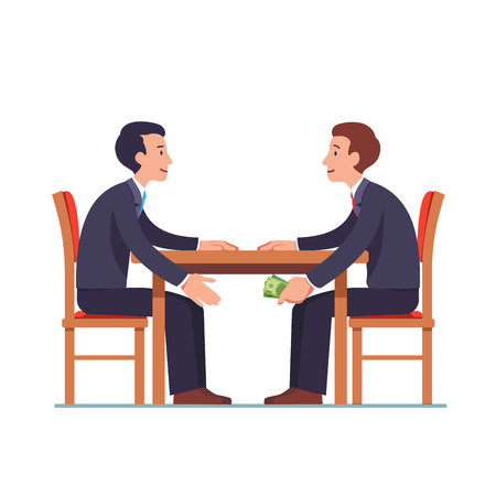 Businessman passing money under table to partner