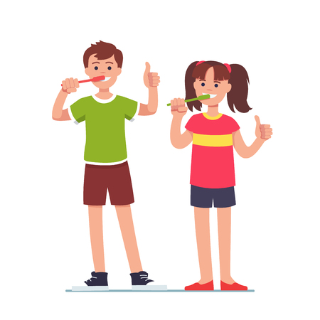 Girl and boy brushing teeth with toothbrushesのイラスト素材