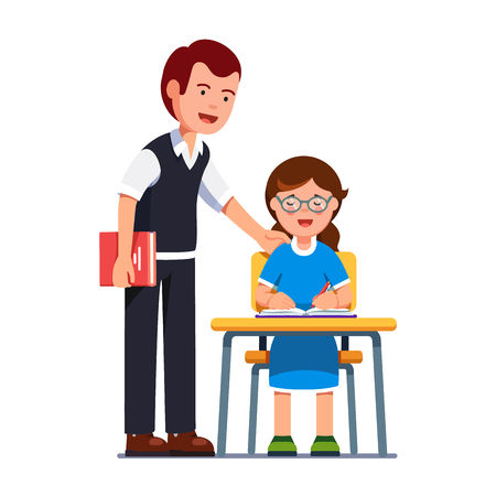 School teacher man watching student girls writingのイラスト素材