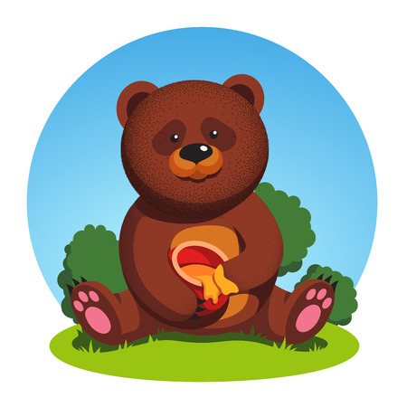 Brown bear sitting holding honey pot and eatingのイラスト素材