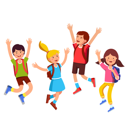 Group of student kids with backpacks jumping up with raised hands gesture. Happy children boys, girls friends celebrating last school day. Flat style vector illustration isolated on white background.のイラスト素材