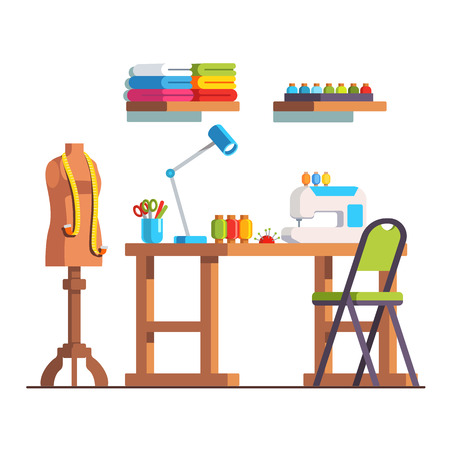 Tailor workshop room with sewing machine and deskのイラスト素材