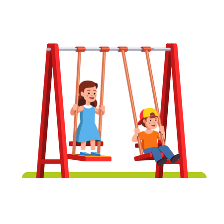 Boy and girl swinging on swing on playgroundのイラスト素材