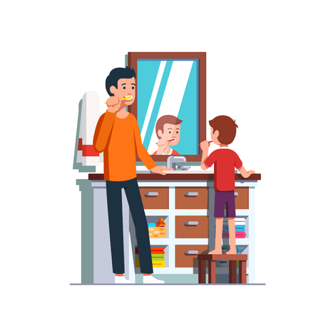 Father and son brushing teeth together in bathroomのイラスト素材