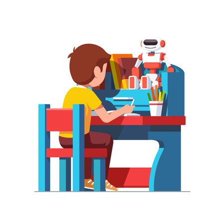 School boy studying sitting at blue child deskのイラスト素材